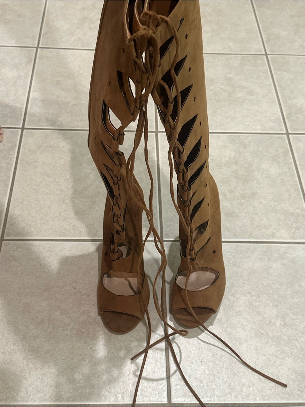 Suede Lace-Up Open-Toe Knee-High Heels - Tan